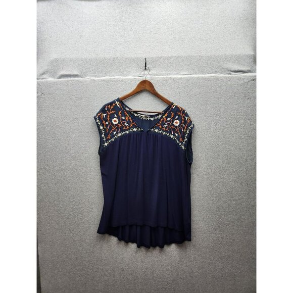 Navy Blue Amaryllis Embroidered Sleeveless Top Size 1X Cotton/Spandex Blend - Picture 1 of 7
